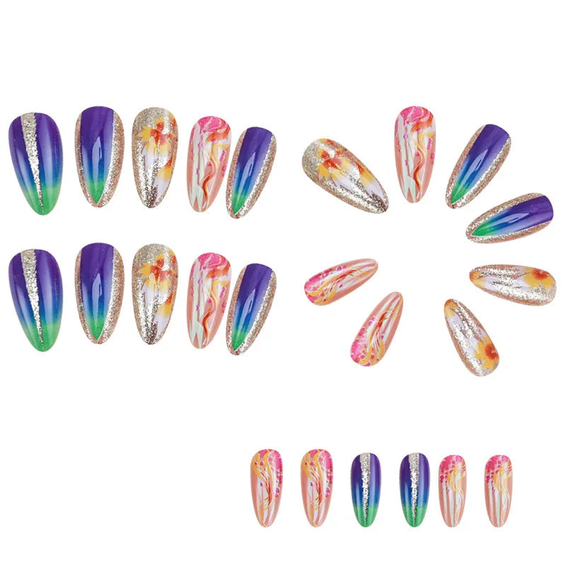 24pcs/set short medium long fake nails for Spring summer season gradient peach flowers butterfly heart press on false nail art.