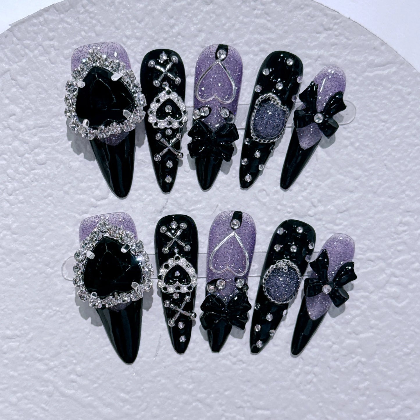 10Pcs Black Handmade Press On Nails Coffin Fake Nails Full Cover Gradient Metal Contrast Artificial Manicure Wearable Nail Tips.