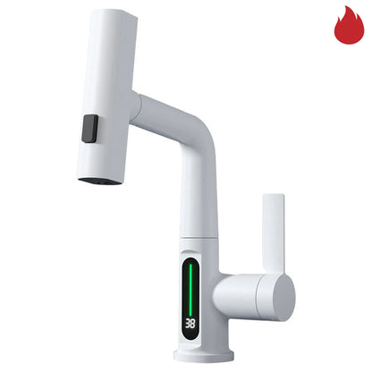 Waterfall Pull Out Kitchen Faucet White Intelligent Digital Display Cold Hot Mixer Taps Rotatable Sink Lifting Basin Faucet