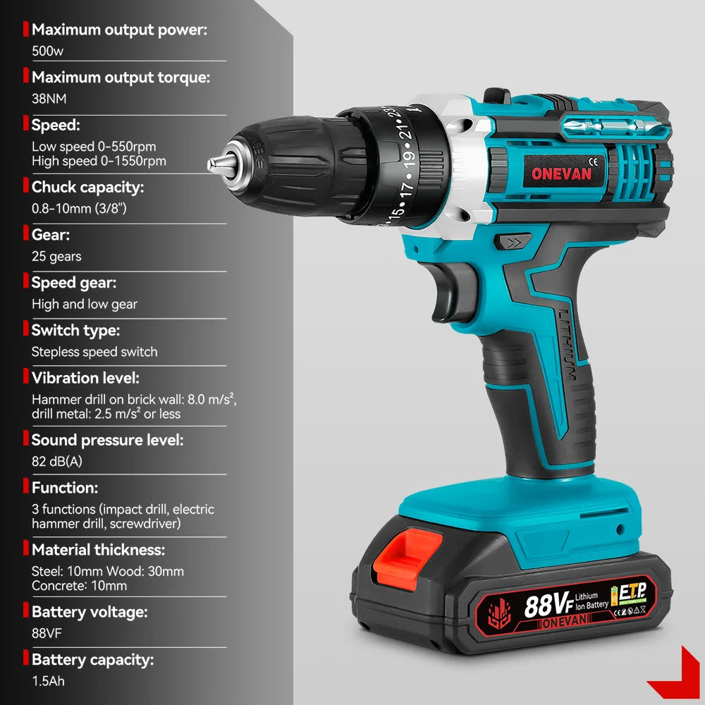 ONEVAN Elektrischer Schlagbohrschrauber, 25 + 3 Drehmoment, multifunktional, 2 Gänge, Akku-Bohrhammer, Elektrowerkzeug für Makita 18 V Akku-Stift