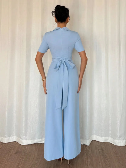 Elegant Blue Wrap Waist Belted Slim Fit Jumpsuit for Women Spring Summer Commute Style Polyester Fabric Three Quarter Sleeve.