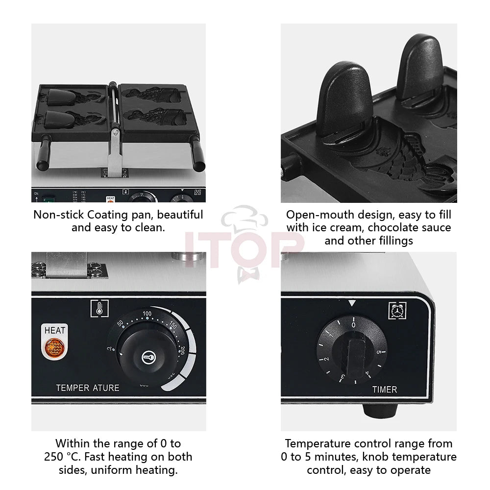 ITOP Taiyaki Waffle Maker 2 Fishes Commercial Ice Cream Taiyaki Pan Making Machine Waffle Cone Baking 2000W Muffin Pancake Snack.