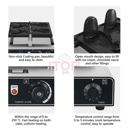 ITOP Taiyaki Waffle Maker 2 Fishes Commercial Ice Cream Taiyaki Pan Making Machine Waffle Cone Baking 2000W Muffin Pancake Snack.