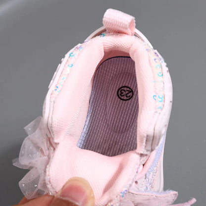 2025 New Autumn Children Shoes Leather Toddler Kids Sport Shoes Bling Bling Cute Butterfly Soft Sole Fashion Girls Sneakers.