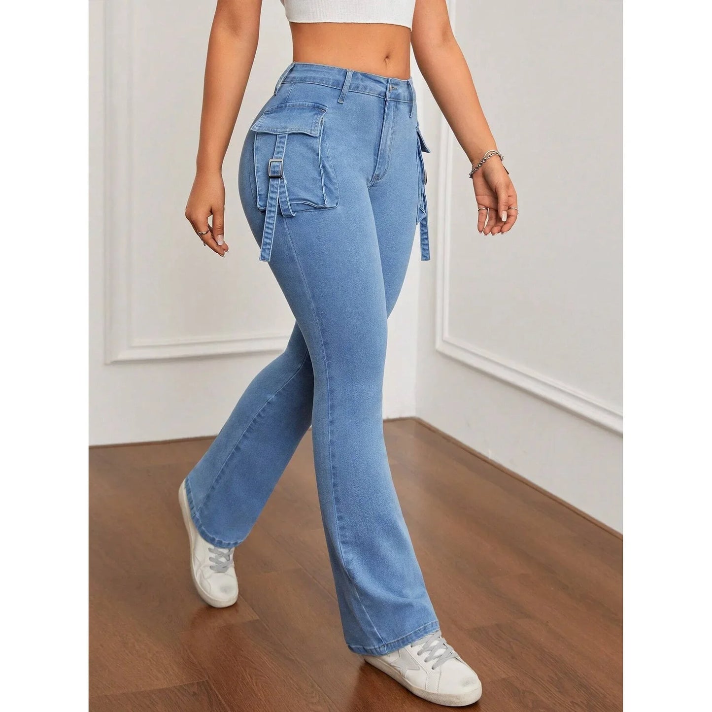 High Waist Bell Bottom Jeans Women's Slim Fit Workwear Denim Pants High Elasticity Cross-Border Long Trousers.