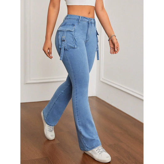 High Waist Bell Bottom Jeans Women's Slim Fit Workwear Denim Pants High Elasticity Cross-Border Long Trousers.