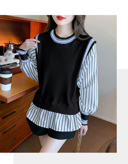 Autumn Preppy Style Patchwork O-neck Fake Two Pieces Top Tee Female Casual Striped Long Sleeve Sweatshirts Women Clothes Tshirt