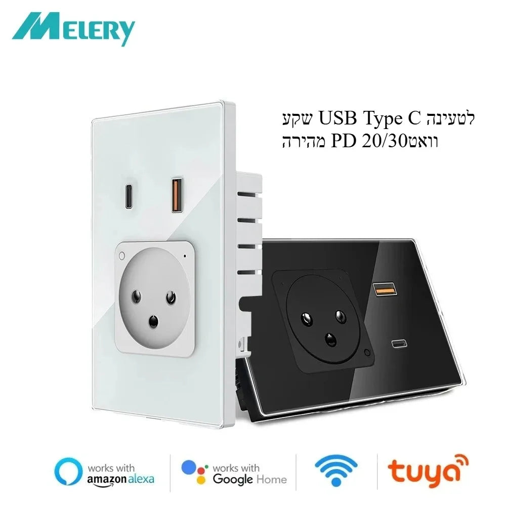 Melery Wifi Smart Israel Steckdose USB Stecker Steckdose Typ-C PD 20/30W Schnelle Ladung glas Panel Fernbedienung Alexa Google Hause.