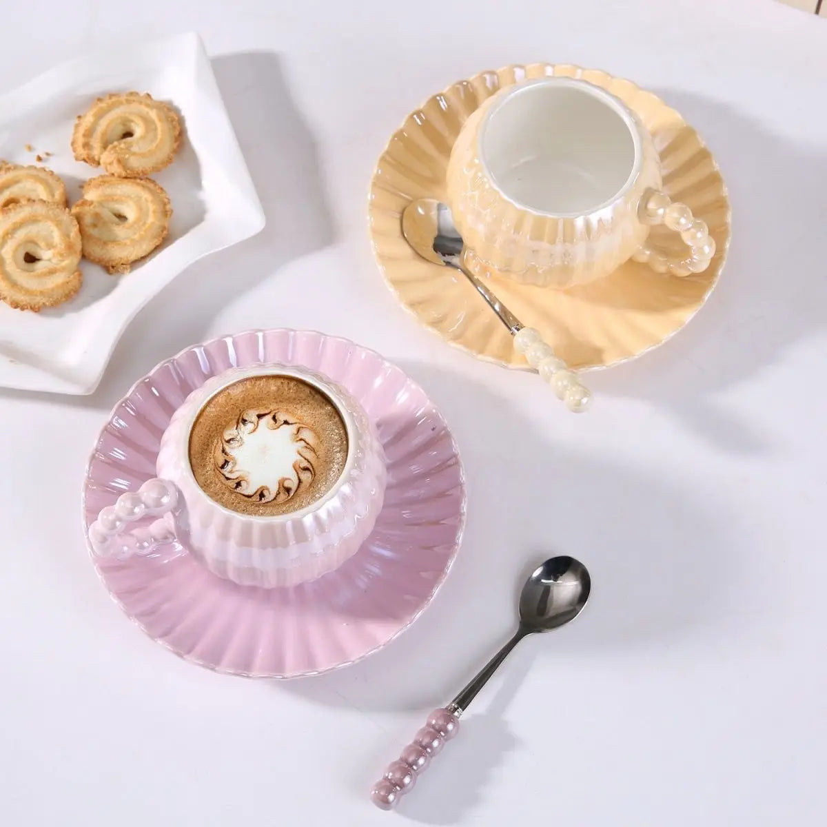Light Luxury High Aesthetic Pearl Glazed Coffee Cup and Plate Set European Ceramic Afternoon Tea Cup Plate with Spoon Home Use.