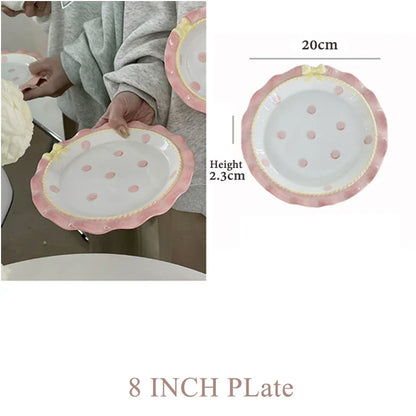 Cartoon Pink Ceramic Dinner Plate with Bow Knot, Household Dish, High Temperature Resistant, Deep Dish, Kitchen Tableware Set.
