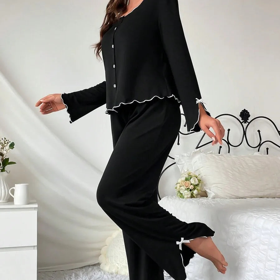 Europe hot-selling new pajamas black fungus edge long-sleeved trousers two-piece set comfortable high-end loungewear.