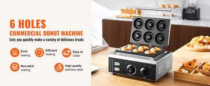 SucceBuy 6/12 Hole Electric Donut Maker Commercial Doughnut Machine with Non-stick Surface Double-Sided Heating Waffle Machine.