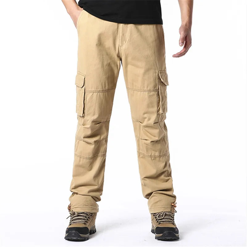 Large Pocket Loose Overalls Men's Outdoor Sports Jogging Tactical Pants Elastic Waist Pure Cotton Casual Work Pants.