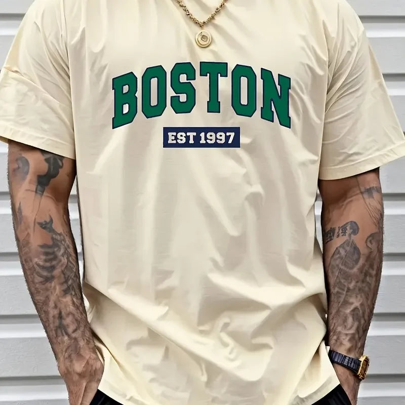 Boston EST1997 vintage printed men's new 100% cotton T-shirt Fashion casual loose summer cotton short-sleeved T-shirt.