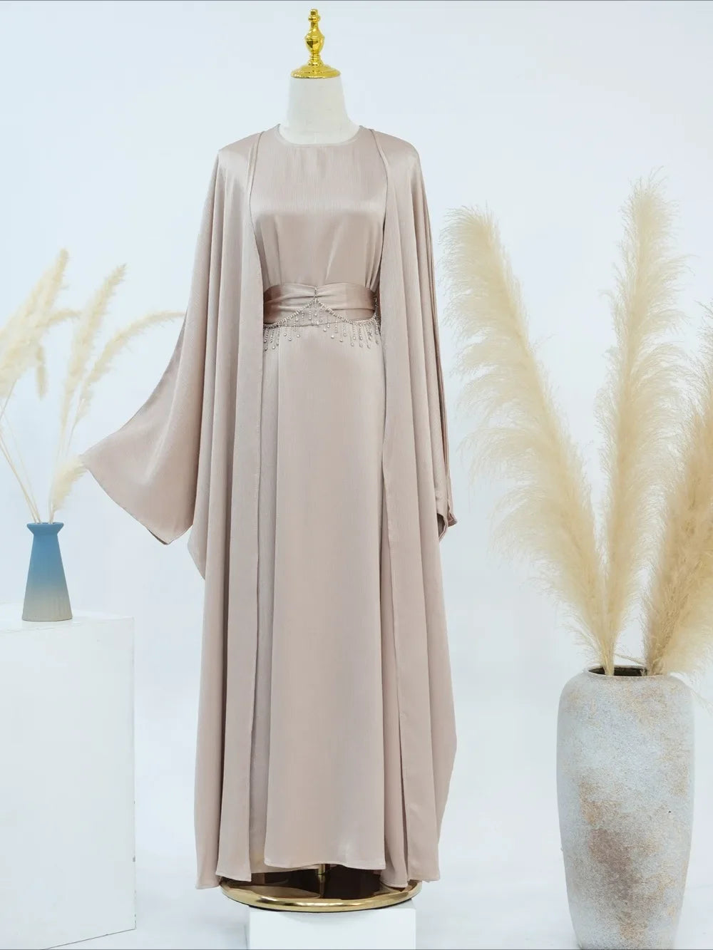 Ramadan Muslim Women 2 Piece Set with Chain Party Dresses Abaya Eid Jalabiya Sashes Diamond Morocco Dubai Kaftan Cardigan Robe