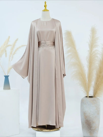 Ramadan Muslim Women 2 Piece Set with Chain Party Dresses Abaya Eid Jalabiya Sashes Diamond Morocco Dubai Kaftan Cardigan Robe