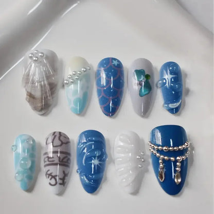 10pcs Handmade Press on Nails Cartoon Shark Pattern Design Fake Nails Wearable Detachable Ins Simple Almond Shaped False Nails.