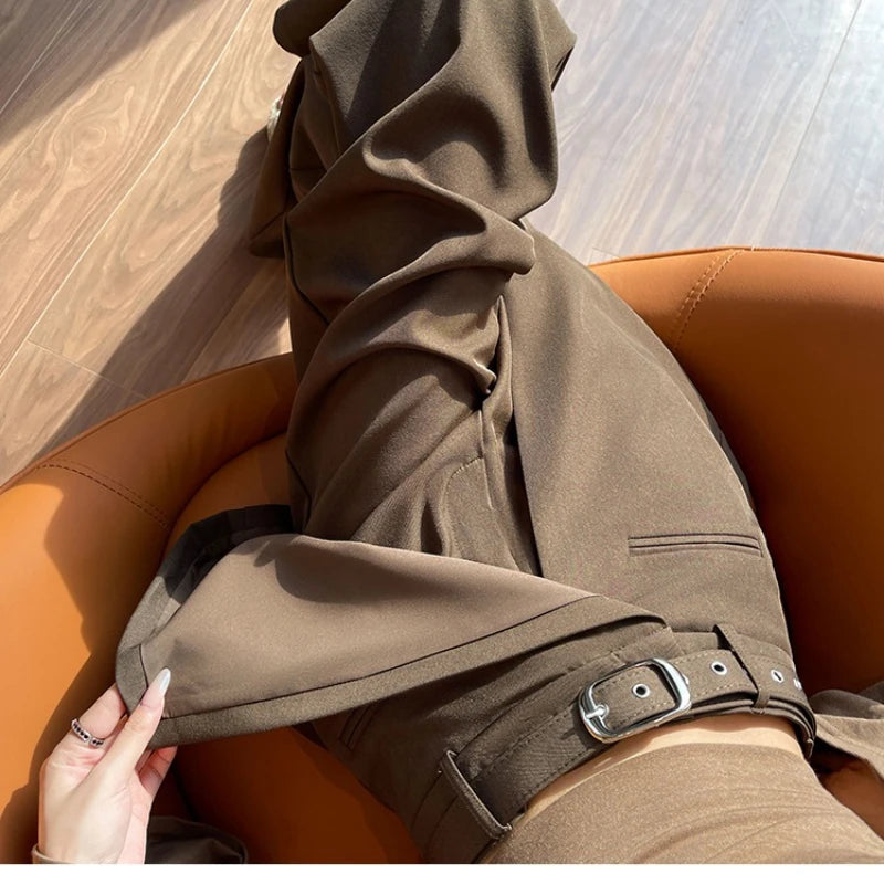 Design Style Fake Two-piece Curtain Suit Pants Women Fall High Waisted Wide Leg Trouser Office Ladies High Quality Straight Pant.