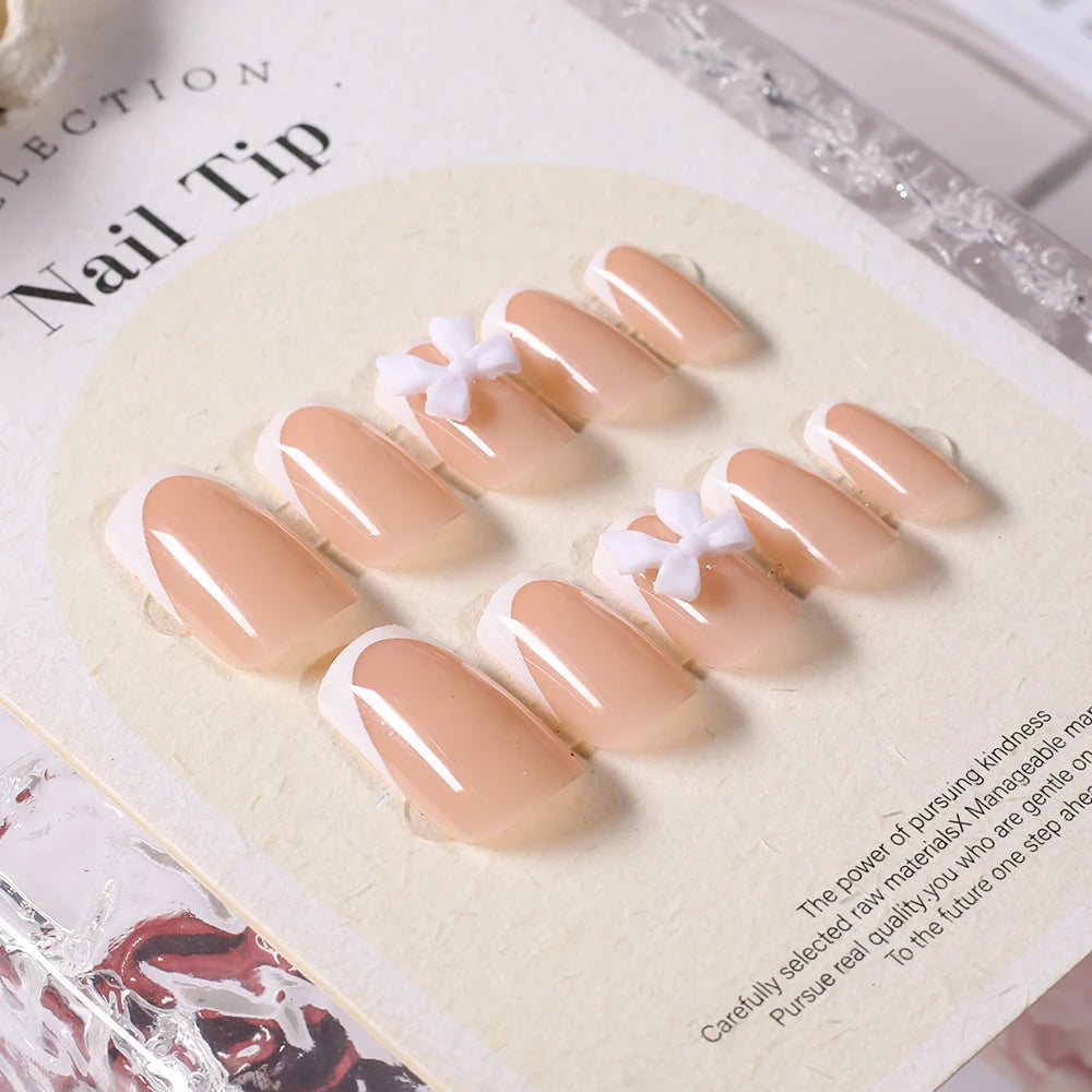 24Pcs White French Press On Nails 3D Bow Design Full Cover Wearable False Nails Short Square Head Ballet Fake Nails For Women.