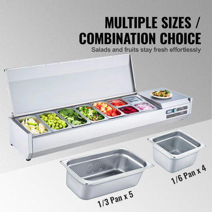 SucceBuy Refrigerated Condiment Prep Station 304 Stainless Body and PC Lid, Sandwich Prep Table with Stainless Guard.