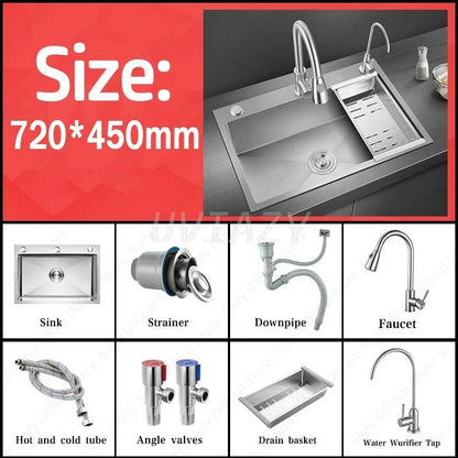 Handgefertigtes silbernes Küchenspülbecken aus Edelstahl 304, herunterziehend, Einzelschüssel-Waschbecken mit Abflussset