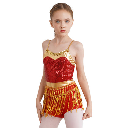 Kinder Mädchen Latin Tanz Kostüm Jazz Samba Cha-Cha Eiskunstlauf Trikot Kleid glänzende Pailletten Quaste Bodysuit für Bühnen performance