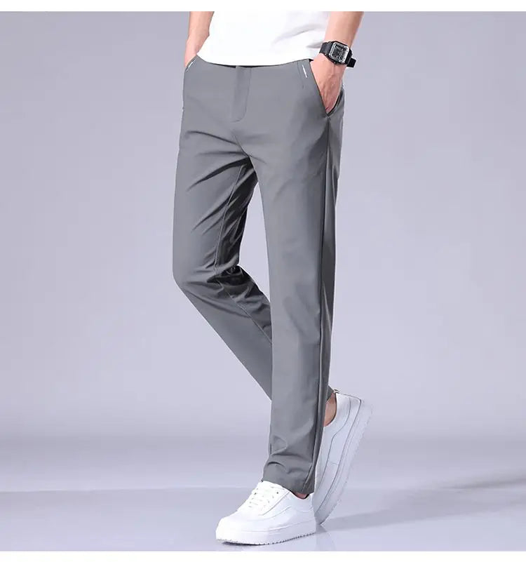 Ultra-thin Elastic Men's Casual Trousers Summer Quick-drying Ice Silk Slim Straight Business Solid Color Trousers Black Gray.
