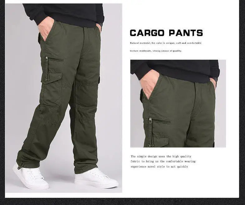 Autumn Winter Mens Cargo Pants Fleece Warm Trousers Cotton Pants Insulated Hiking Running Pants Man Multiple Pockets.