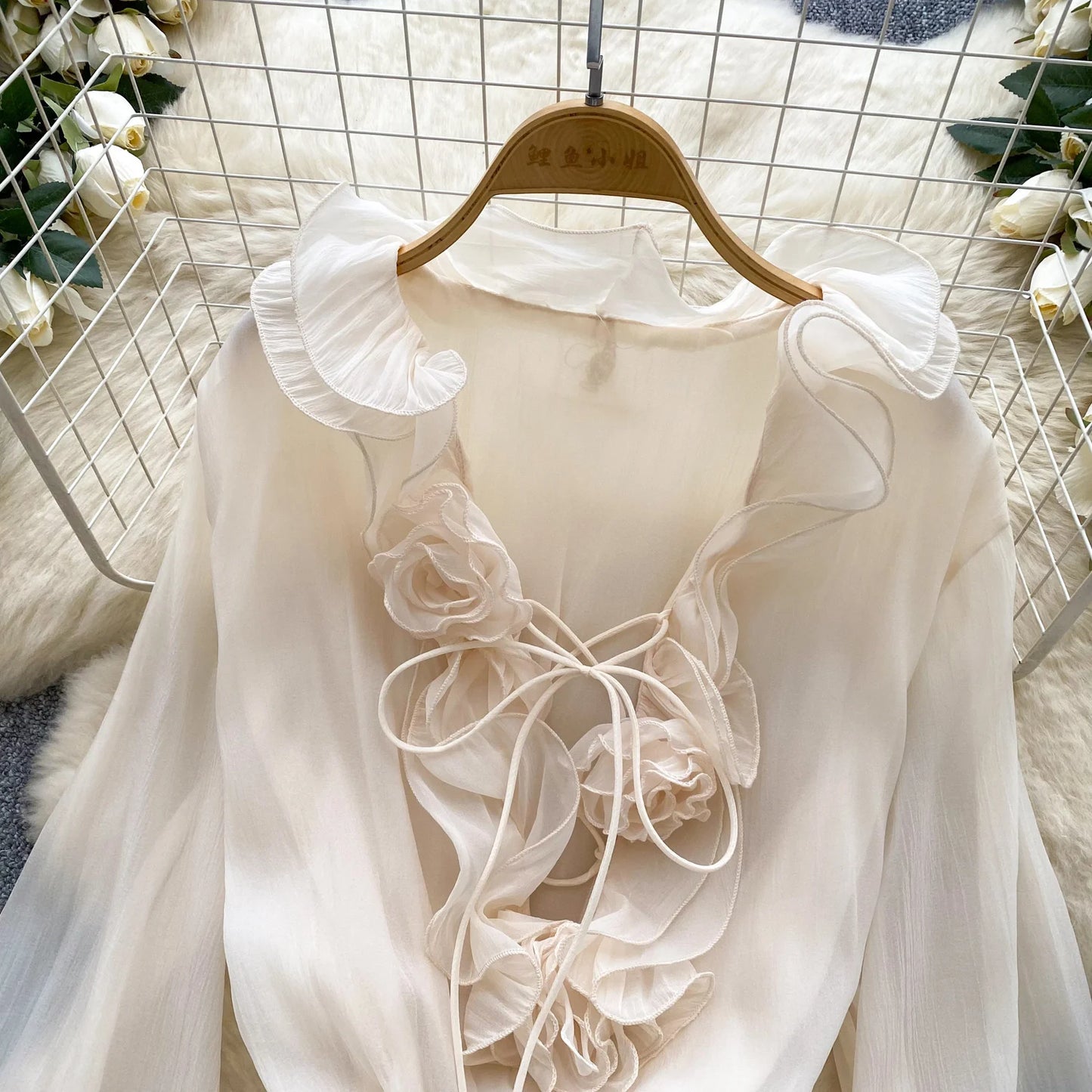 SINGREINY 3D Floral Strand Kurzes Kleid Weibliche Lange Ärmel Spitze Up Rüschen Chiffon Kuchen Sommerkleid Sheer Sexy Vintage Bohemian Kleid