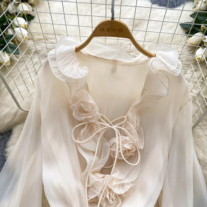 SINGREINY 3D Floral Strand Kurzes Kleid Weibliche Lange Ärmel Spitze Up Rüschen Chiffon Kuchen Sommerkleid Sheer Sexy Vintage Bohemian Kleid