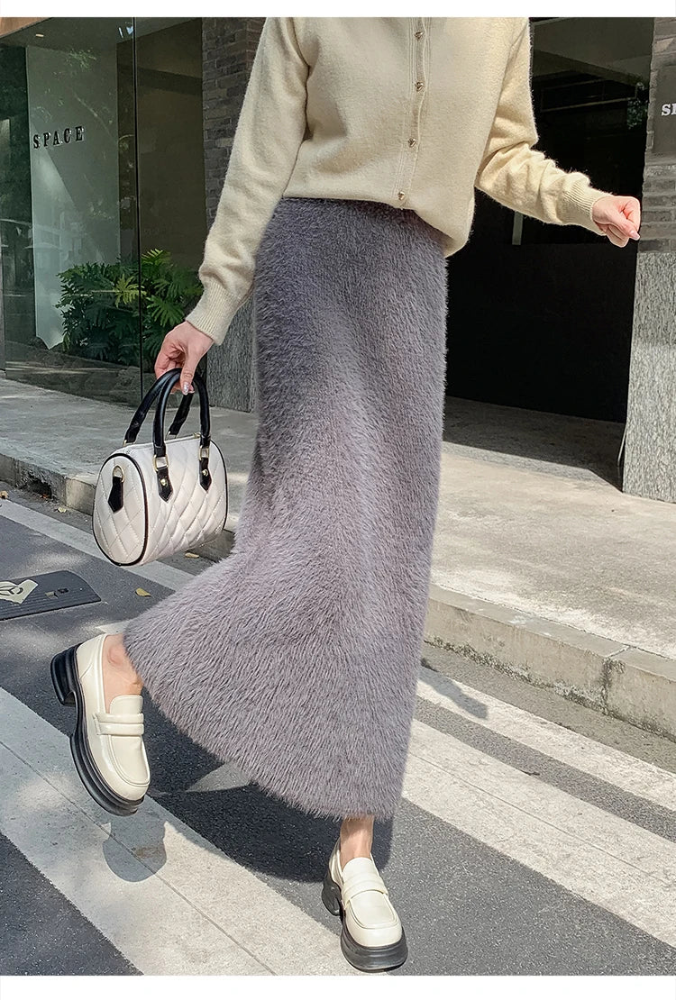 Autumn Winter New Knit Long Skirt Women Casual Thick Korean High Waist Soft A-Line Skirt