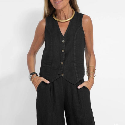 Autumn White Linen Two Piece Set For Women 2023 Fashion Sleeveless Tank Top New In Matching High Waist Wide Pants Set.