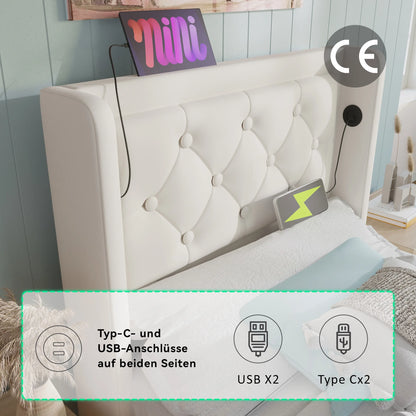 KOMHTOM PU-Material Hydraulisches Stauraumbett, mit USB Typ-C Ladefunktion, 3-seitige LED-Funktion, ohne Matratze