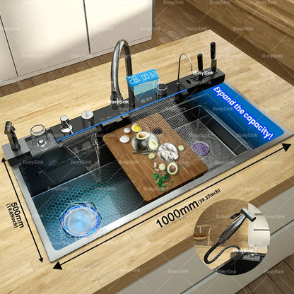 Küchenspüle aus Edelstahl mit Wasserfall, extra große Einzelschüssel, Digitalanzeige, multifunktionale Geschirrspülbecken
