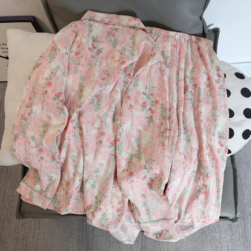 Autumn and Winter Pajamas Women Long Sleeve Pants Cardigan Sweet Print Cartoon Student Plus Size Loungewear Two-Piece Set.