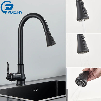 POIQIHY Antique Brass Kitchen Faucet Pull Out Bathroom Kitchen Mixers Single Handle Pull Down Cold Hot Water Tap Deck Mounted
