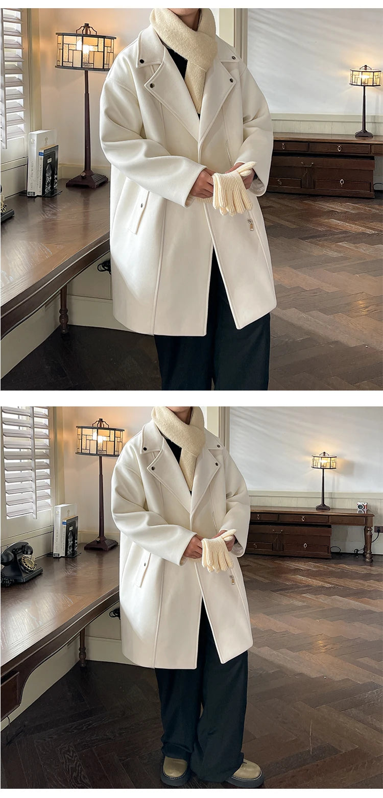 Winter Fashion Woolen Dust Coats Men Zipper Decor High Quality Korean Style Loose Casual Windbreaker Men's Thick Warm Trenchcoat.