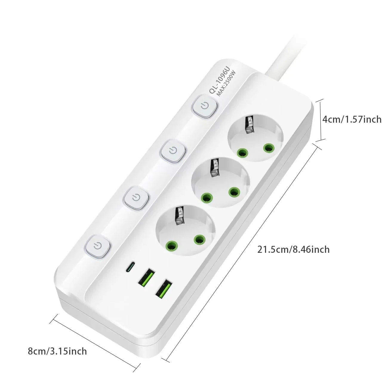 EU-Stecker-Steckdosenleiste, 2/3/4/5 Positionen, unabhängige Steuersteckdose mit 2 USB-Anschlüssen, 1 Typ-C-Anschlüsse, 2 m Verlängerungskabel, Steckdosen.