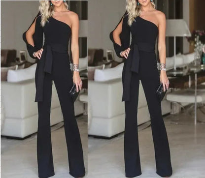 2025 Summer New Women's High Waist Tie Up Solid Color Slim Fit Sexy Jumpsuit Slant Shoulder Elegant Banquet Women's Wear.
