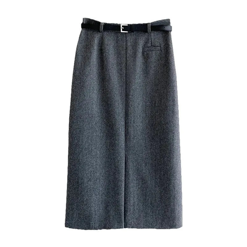 Gray Pencil Skirts Belted Elegant Women Slim Office Ladies Casual A-Line High Waist Split Midi Skirt Autumn Winter.