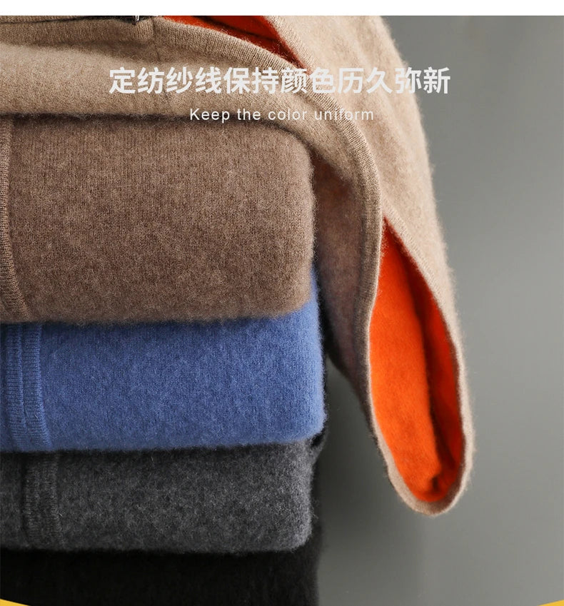Autumn Winter Pure Cashmere Sweater Double-sided Cardigan Men's Casual Zipper Thickened Cashmere Knitted Hooded Sweater Coat.