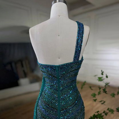 Blau Grün Meerjungfrau Sexy High Split One Shoulder Perlen Lange Abendkleider Kleider Anpassen Hochzeit Party BLA72104 Serene Hill