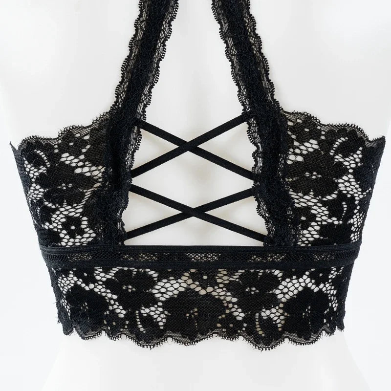 Women White Crop Tops Lace Print Camisole Sexy Hollow Backless Bra Removable Chest Pad Bralette Solid Beauty Back Tank Top.