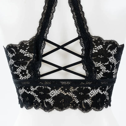 Women White Crop Tops Lace Print Camisole Sexy Hollow Backless Bra Removable Chest Pad Bralette Solid Beauty Back Tank Top.