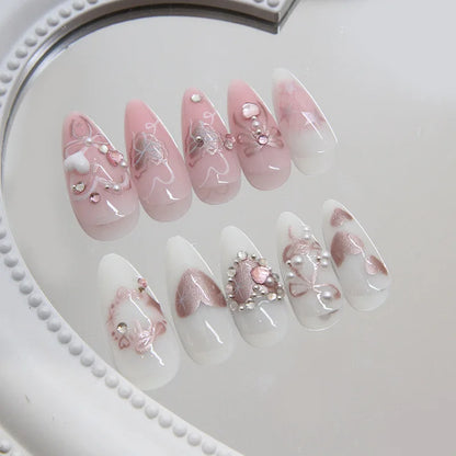 24pcs Sweet False Nail Patches Detachable Fake Nail Tips With Bowknots Love Heart Pearl Design Pink Almond Korean Press On Nail.