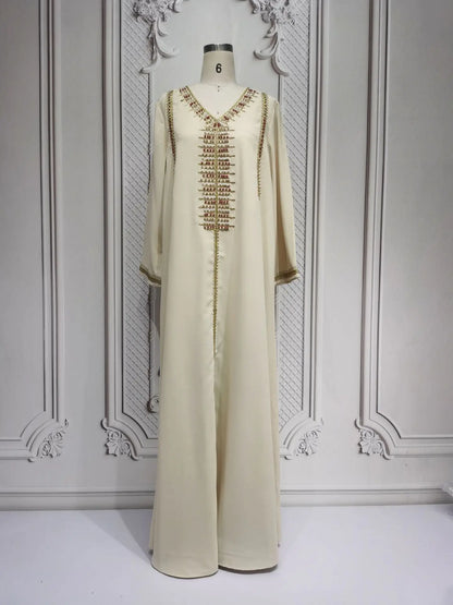 Elegant V-Neck Beading Embroidery Abaya For Muslim Woman 2025 Casual Loose Moroccan Saudi Dubai Kuwait Morocco Stylish Kebaya.