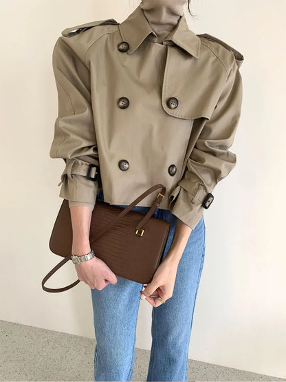 Vintage Zweireiher Graben Jacken Frauen Lose Chic Büro Dame Crop Tops Herbst Weibliche Mäntel Alle-spiel Lose Windjacke