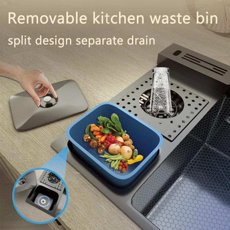 Extra Large Single Bowl Stainless Steel Waterfall Kitchen Sink Digital Display Multifunctional Household Vegetable Washing Sink