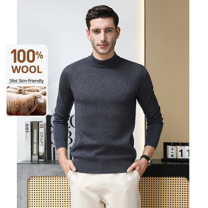 High End 100% Wool Thick New Autum Winter Fashion Brand Pullover Knit Half Turtleneck Business Sweater Casual Men Clothing.