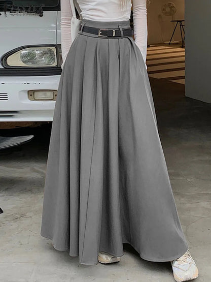 ZANZEA Women High Waist Jupe 2025 Autumn Vintage Office Falda Korean Fashion Pleating Swing Skirt Holiday Loose Solid Maxi Skirt